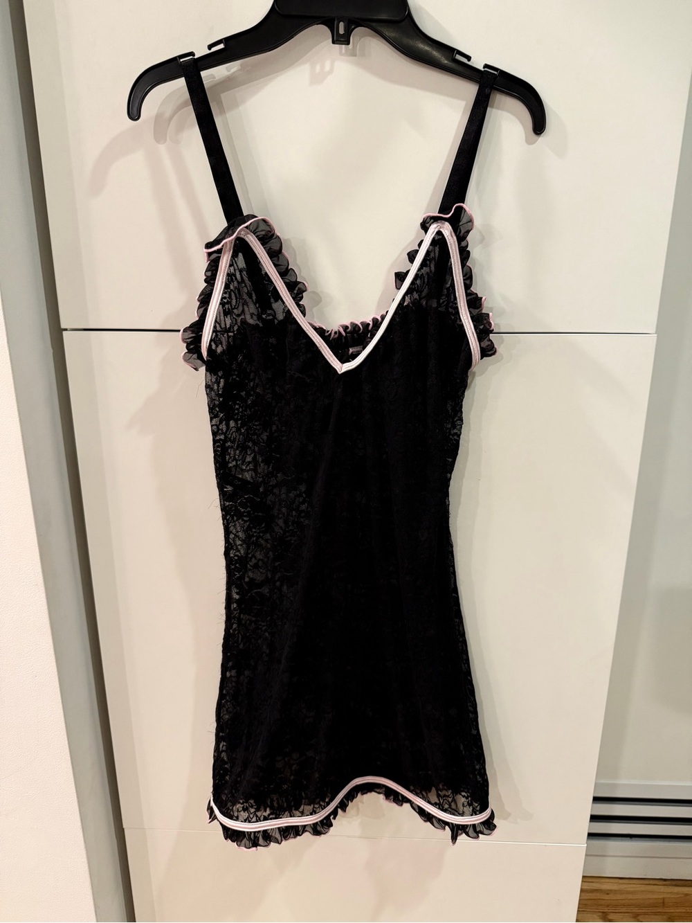 Coquette Black Floral Lace Pink Trim Ruffle Slip Dress Size O/S